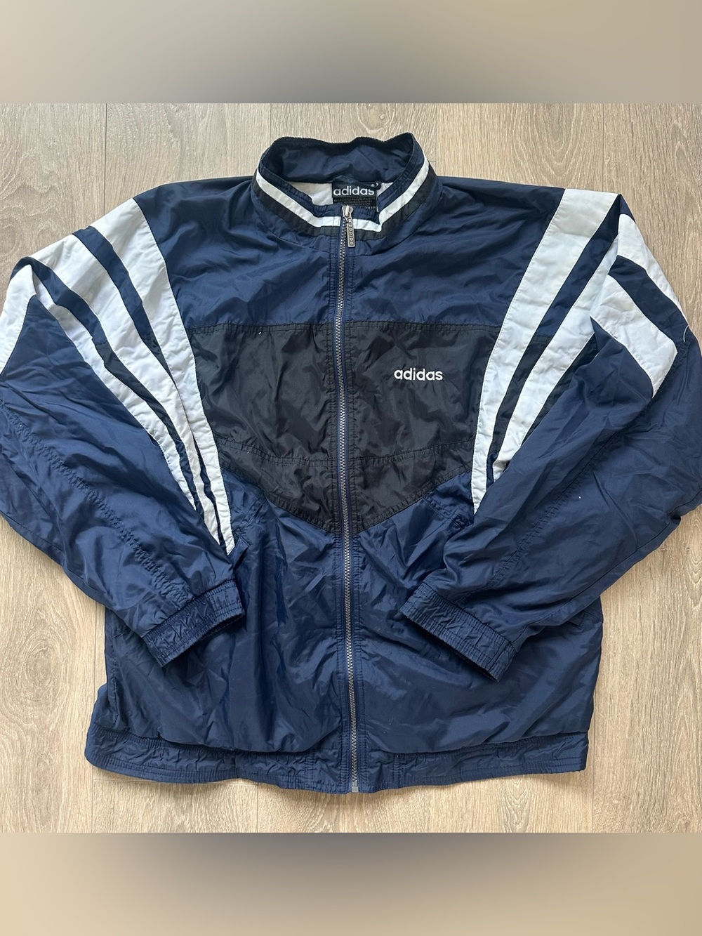 Vintage Adidas Navy, Black & White Retro Windbreaker Jacket Size M